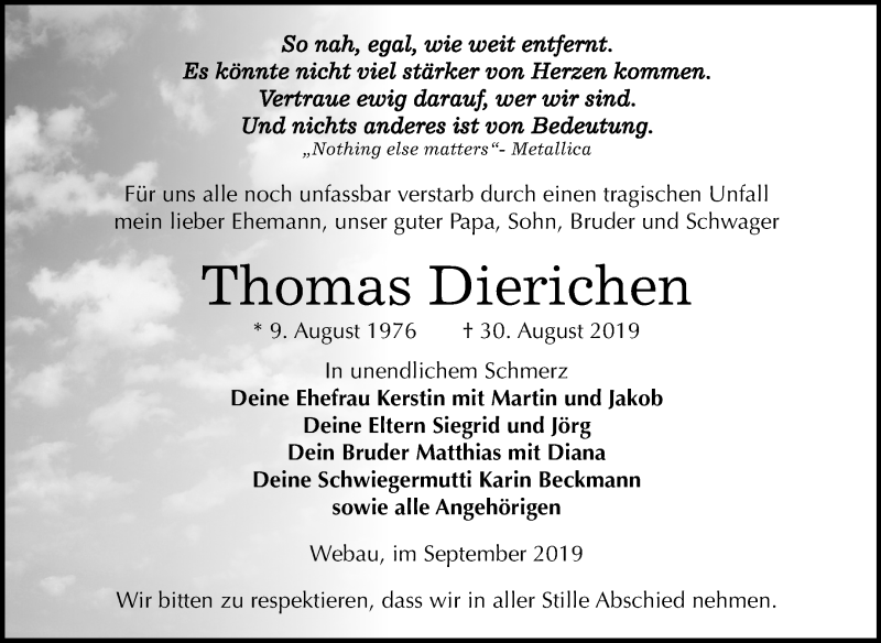  Traueranzeige für Thomas Dierichen vom 18.09.2019 aus Wochenspiegel Weißenfels