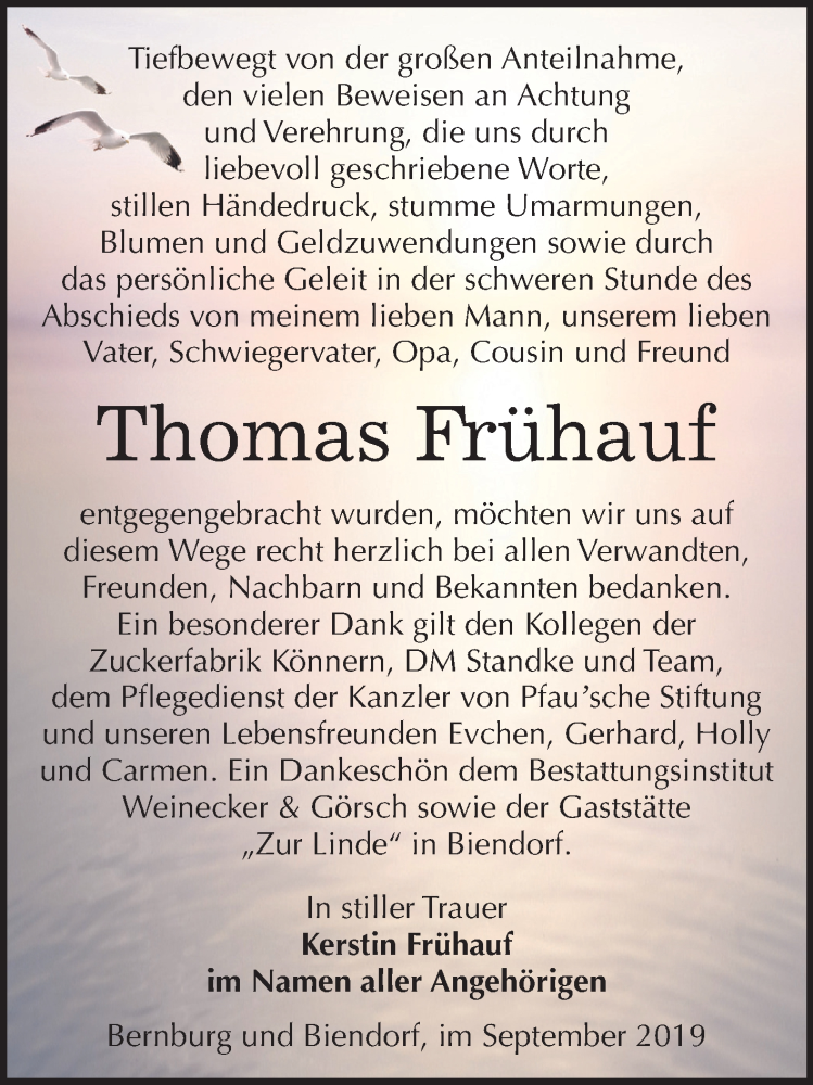  Traueranzeige für Thomas Frühauf vom 28.09.2019 aus Super Sonntag Bernburg