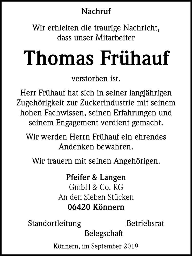  Traueranzeige für Thomas Frühauf vom 21.09.2019 aus Super Sonntag Bernburg