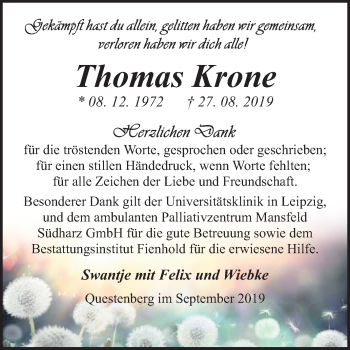 Traueranzeige von Thomas Krone von Super Sonntag Sangerhausen