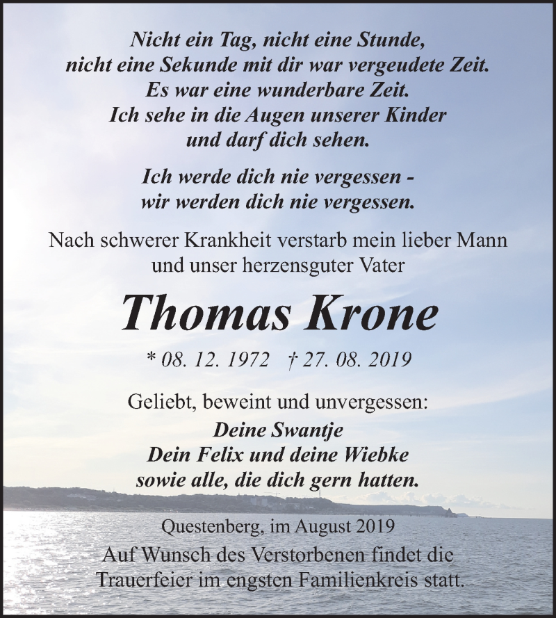  Traueranzeige für Thomas Krone vom 05.09.2019 aus Mitteldeutsche Zeitung Sangerhausen
