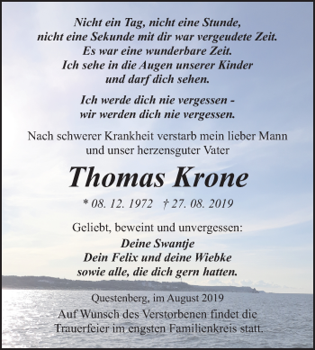 Traueranzeige von Thomas Krone von Mitteldeutsche Zeitung Sangerhausen