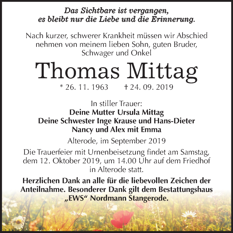 Traueranzeige für Thomas Mittag vom 28.09.2019 aus Mitteldeutsche Zeitung Mansfelder Land