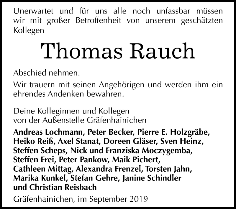  Traueranzeige für Thomas Rauch vom 28.09.2019 aus Super Sonntag Wittenberg