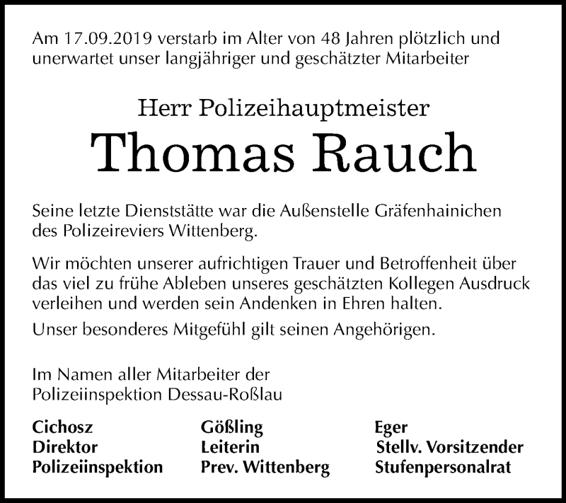  Traueranzeige für Thomas Rauch vom 28.09.2019 aus Super Sonntag Wittenberg
