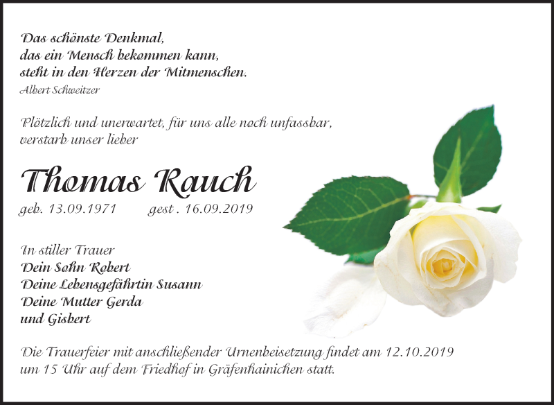  Traueranzeige für Thomas Rauch vom 28.09.2019 aus Super Sonntag Wittenberg