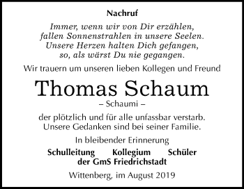 Traueranzeige von Thomas Schaum von Super Sonntag Wittenberg