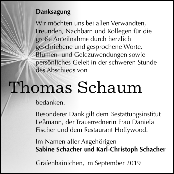 Traueranzeige von Thomas Schaum von Mitteldeutsche Zeitung Wittenberg