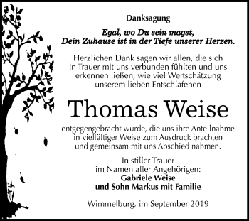 Traueranzeige von Thomas Weise von Mitteldeutsche Zeitung Mansfelder Land