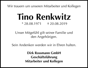 Traueranzeige von Tino Renkwitz von Mitteldeutsche Zeitung Bitterfeld