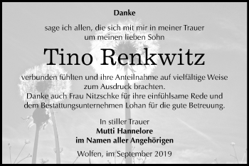 Traueranzeige von Tino Renkwitz von Wochenspiegel Bitterfeld