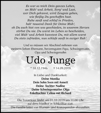 Traueranzeige von Udo Junge von Wochenspiegel Weißenfels