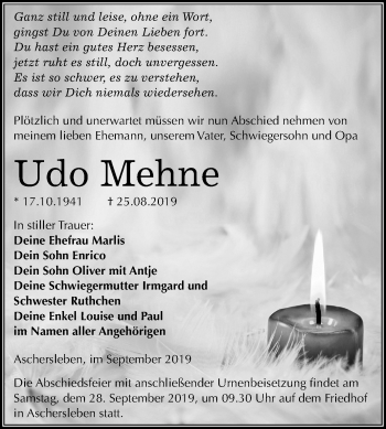 Traueranzeige von Udo Mehne von Super Sonntag Aschersleben