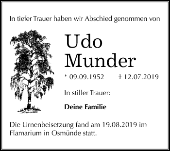 Traueranzeige von Udo Munder von Mitteldeutsche Zeitung Halle/Saalkreis / Merseburg/Querfurt