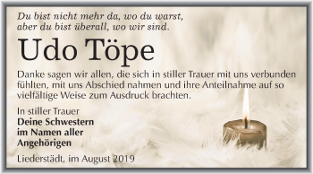 Traueranzeige von Udo Töpe von Super Sonntag Merseburg/Querfurt