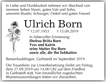 Traueranzeige von Ulrich Born von Super Sonntag Mansfelder Land