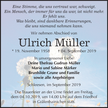 Traueranzeige von Ulrich Müller von Super Sonntag Wittenberg