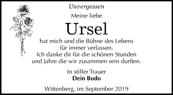 Traueranzeige von Ursel  von Super Sonntag Wittenberg