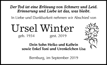Traueranzeige von Ursel Winter von Super Sonntag Bernburg