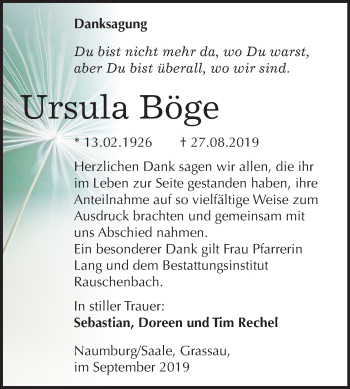 Traueranzeige von Ursula Böge von Mitteldeutsche Zeitung Naumburg/Nebra