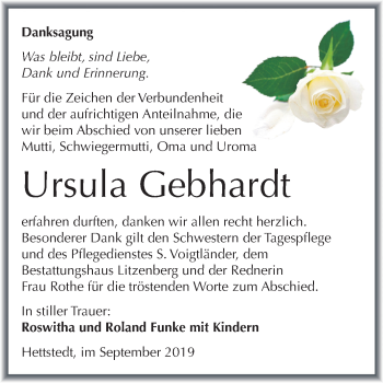 Traueranzeige von Ursula Gebhardt von Wochenspiegel Mansfelder Land