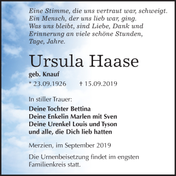 Traueranzeige von Ursula Haase von Super Sonntag Köthen