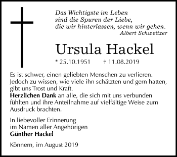 Traueranzeige von Ursula Hackel von Mitteldeutsche Zeitung Bernburg