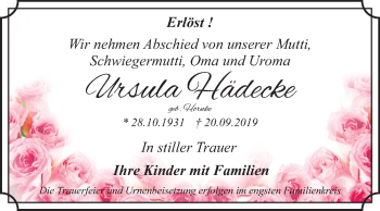 Traueranzeige von Ursula Hädecke von Mitteldeutsche Zeitung Dessau-Roßlau