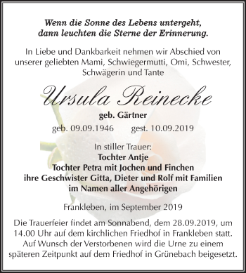 Traueranzeige von Ursula Reinecke von Super Sonntag Merseburg/Querfurt
