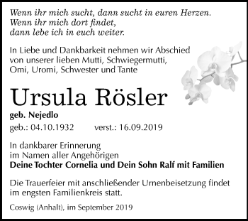 Traueranzeige von Ursula Rösler von Super Sonntag Wittenberg
