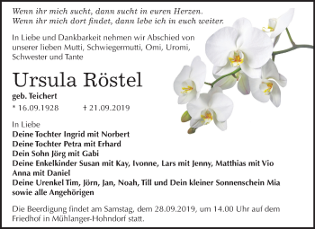 Traueranzeige von Ursula Röstel von Mitteldeutsche Zeitung Wittenberg
