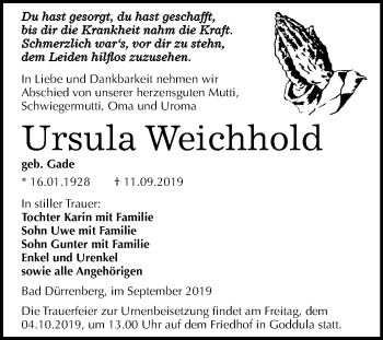 Traueranzeige von Ursula Weichhold von Mitteldeutsche Zeitung Merseburg/Querfurt