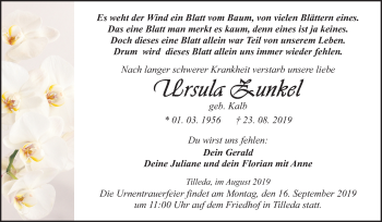 Traueranzeige von Ursula Zunkel von Mitteldeutsche Zeitung Sangerhausen