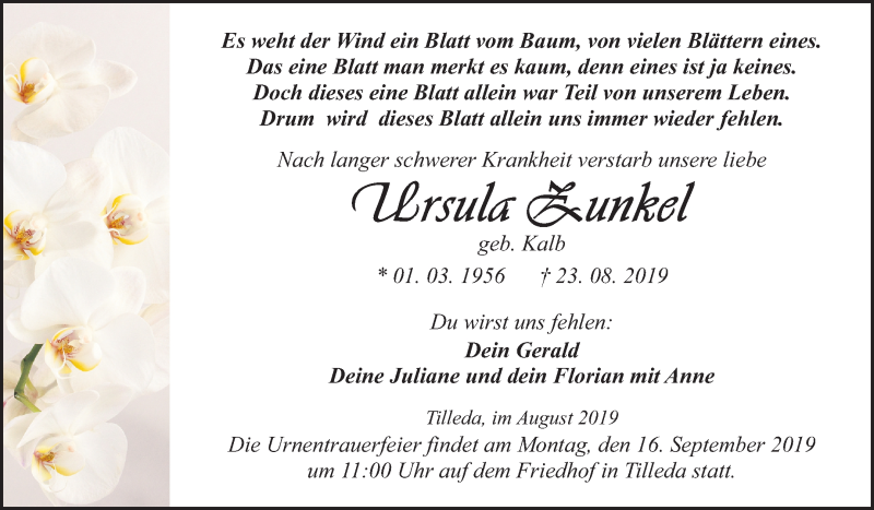 Traueranzeigen von Ursula Zunkel www.abschiednehmen.de