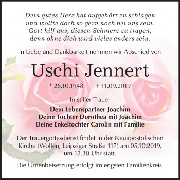 Traueranzeige von Uschi Jennert von Mitteldeutsche Zeitung Bitterfeld