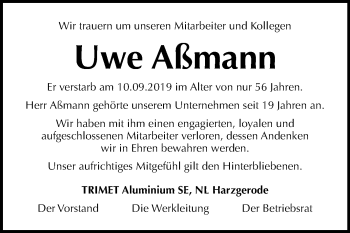 Traueranzeige von Uwe Aßmann von Mitteldeutsche Zeitung Quedlinburg