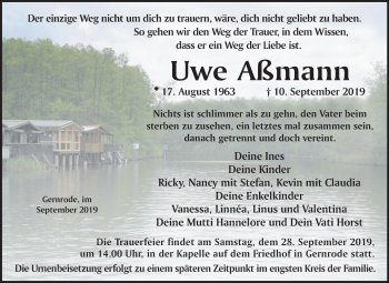 Traueranzeige von Uwe Aßmann von Mitteldeutsche Zeitung Quedlinburg