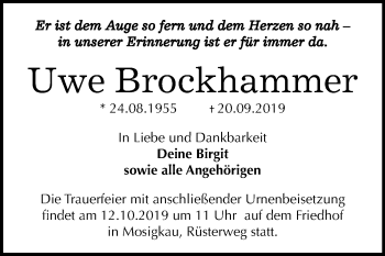 Traueranzeige von Uwe Brockhammer von Mitteldeutsche Zeitung Dessau-Roßlau