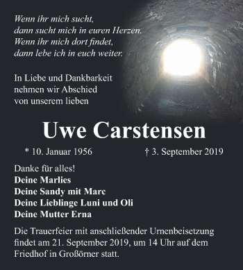 Traueranzeige von Uwe Carstensen von Wochenspiegel Mansfelder Land