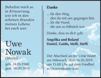 Traueranzeige von Uwe Nowak von Super Sonntag Wittenberg