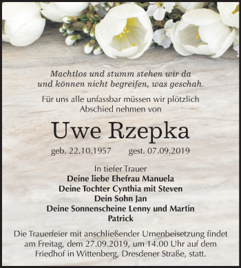 Traueranzeige von Uwe Rzepka von Super Sonntag Wittenberg