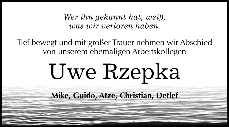  Traueranzeige für Uwe Rzepka vom 14.09.2019 aus Mitteldeutsche Zeitung Wittenberg