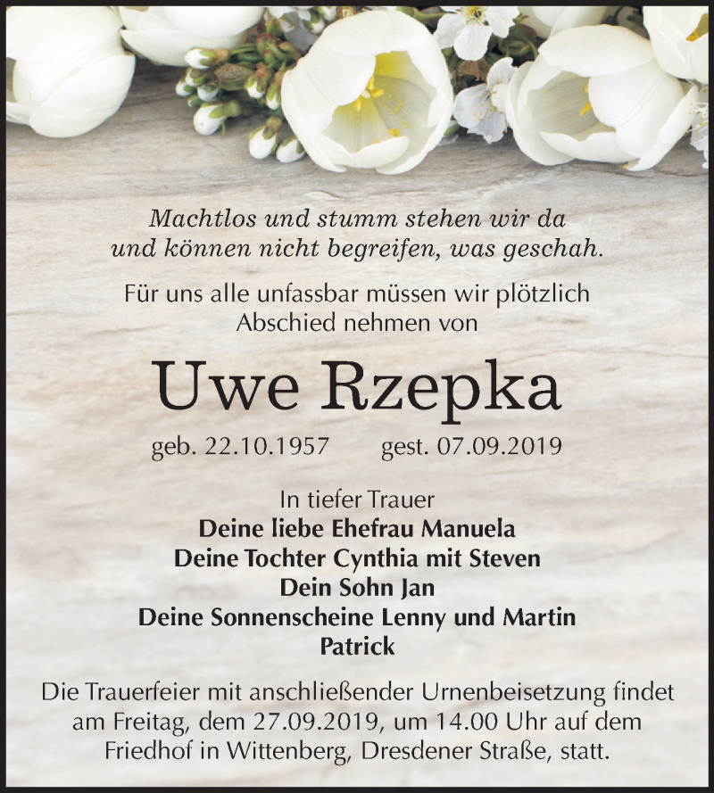  Traueranzeige für Uwe Rzepka vom 14.09.2019 aus Super Sonntag Wittenberg