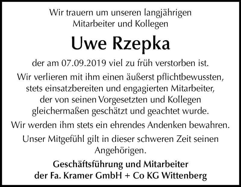  Traueranzeige für Uwe Rzepka vom 21.09.2019 aus Mitteldeutsche Zeitung Wittenberg