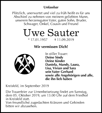 Traueranzeige von Uwe Sauter von Mitteldeutsche Zeitung Mansfelder Land