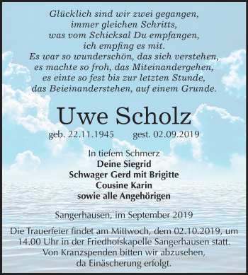 Traueranzeige von Uwe Scholz von Super Sonntag Sangerhausen