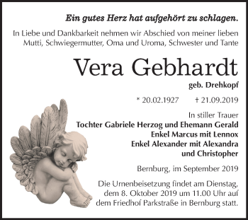 Traueranzeige von Vera Gebhardt von Mitteldeutsche Zeitung Bernburg