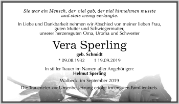 Traueranzeige von Vera Sperling von Mitteldeutsche Zeitung Mansfelder Land