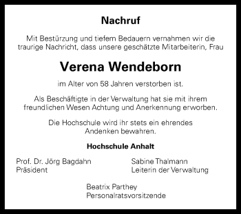 Traueranzeige von Verena Wendeborn von Mitteldeutsche Zeitung Dessau-Roßlau