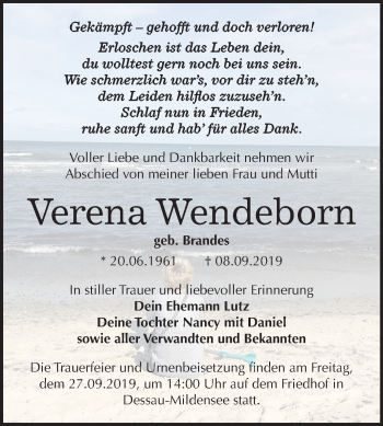 Traueranzeige von Verena Wendeborn von Mitteldeutsche Zeitung Dessau-Roßlau